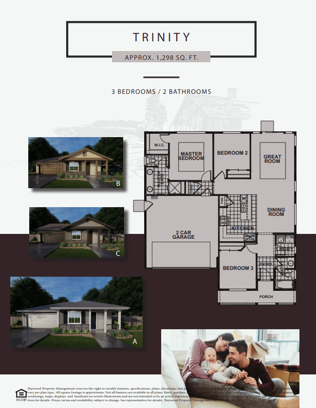 A real estate listing for a property named Trinity, which is approximately 298 square feet, features three bedrooms and two bathrooms.